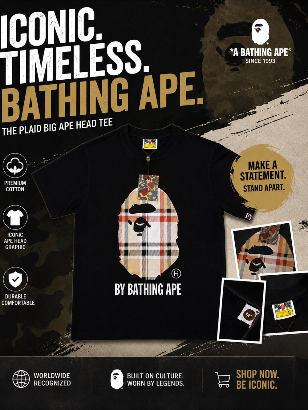 Bape Black Tee with Plaid Ape Head Graphic